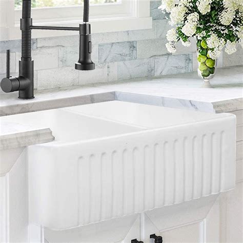 White Ribbed Double Bowl Farmhouse Sink Ms Wila Kitchens And Bathrooms