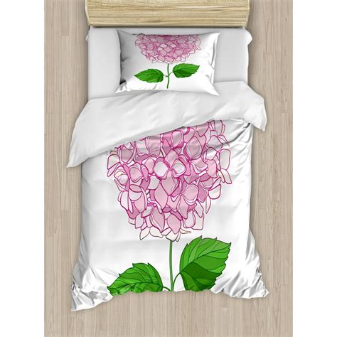 Hydrangea Duvet Cover Set Twin Size Hand Drawn Pinkish Floral Petals