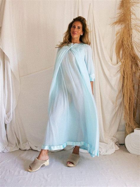 60 S Light Blue Layered Chiffon Nightgown And Robe Set In 2021 Night