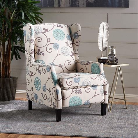 Westeros Traditional Wingback Fabric Recliner Chair White And Blue