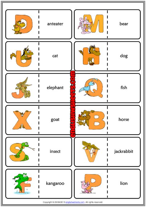 Alphabet with Animals ESL Printable Dominoes Game