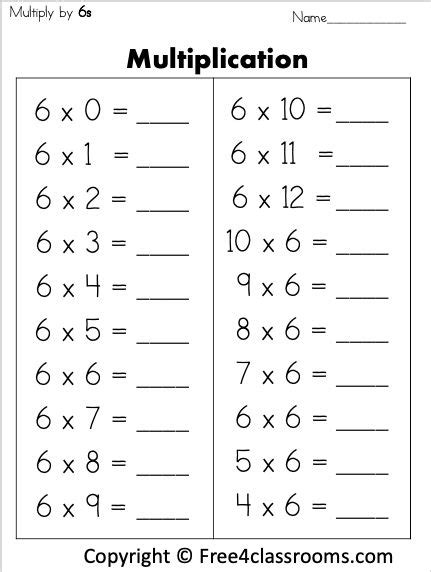 Free Multiplication Math Worksheet Multiply By 6s Free4classrooms