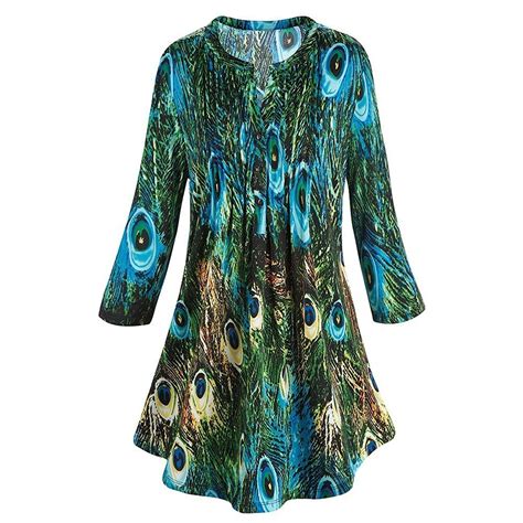Womens Tunic Top Green And Blue Peacock Print Pleated Blouse