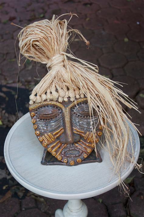 African Mask Ceramic Pottery Sculpture With Raffia Decoration