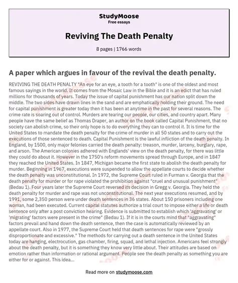 Reviving The Death Penalty Free Essay Example