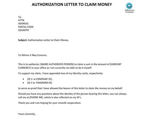 Kostenloses Authorization Letter To Claim Money