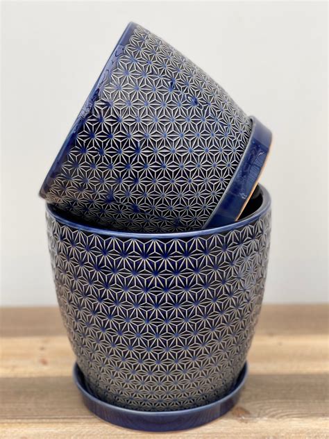 6 And 8 Dark Blue Indoor Ceramic Pots W Attached Saucer Van Belle