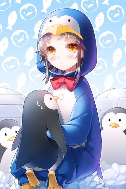An Anime Character Holding A Penguin In Front Of Penguins