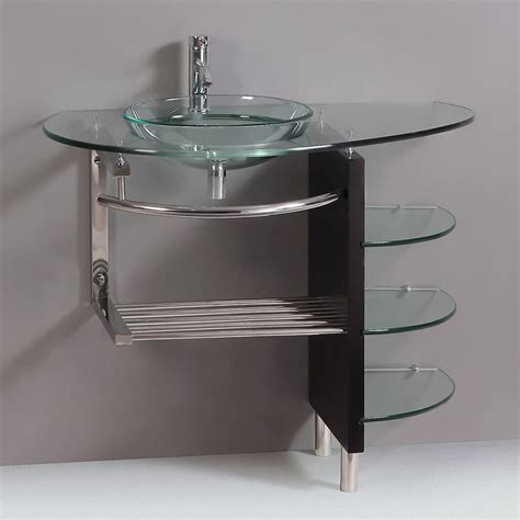Kokols Usa Clear Single Sink Vanity With Clear Tempered Glass And Glass