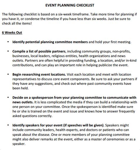 sample event planning checklist templates