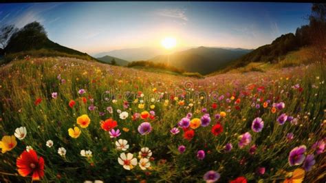 Sunset Over Flower Meadow In The Mountains Nature Background Stock