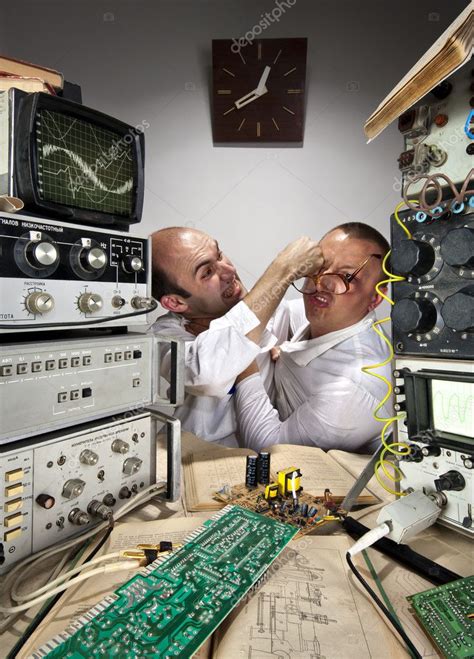 Wo Funny Scientists Fighting At Laboratory — Stock Photo © Nomadsoul1