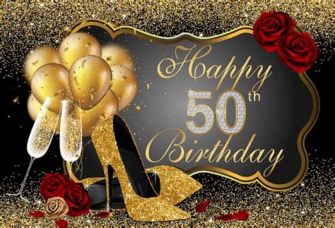 Happy 50th Birthday Glitter Gold Balloons Rose Heels Etsy