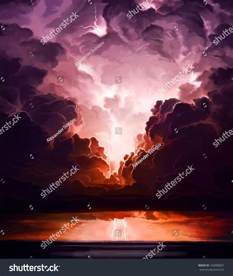 Digital Art Of Lightning Storm Over Ocean Stock Photo 160988831