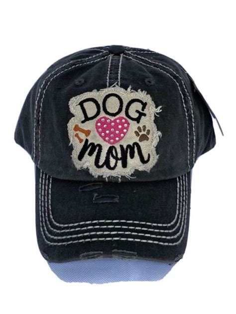 Dog Mom Embroidered Factory Distressed Vintage Black Hat Baseball Cap