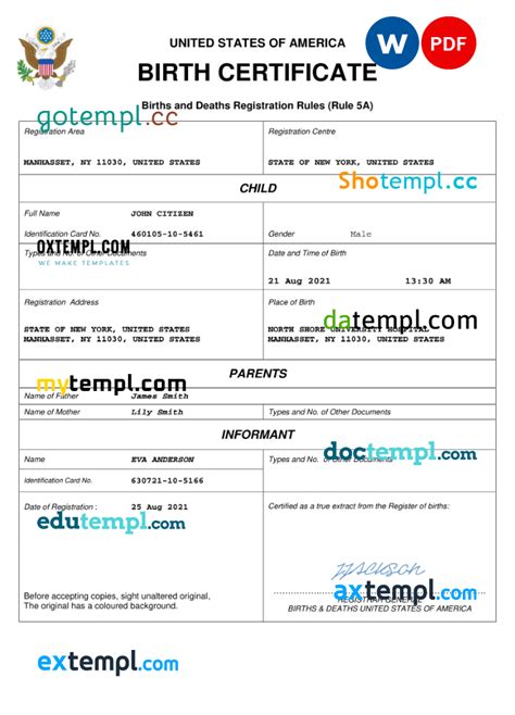 Usa Birth Certificate Word And Pdf Template Completely Editable