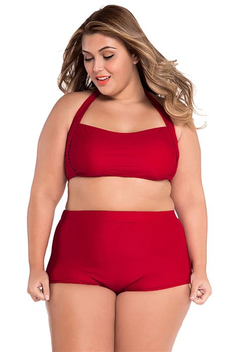 Red Bandeau Halter High Waist Plus Size Swimwear Plus Size Swimwear