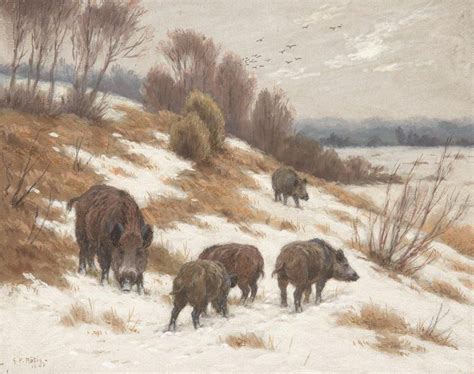 Georges Frédéric Rötig Wild Boars In The Snow Gouache Wild Boar