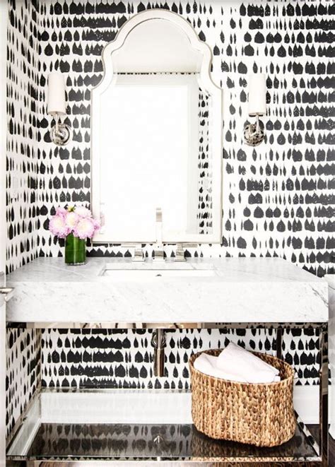Bold Black And White Walls Oleander And Palm Powder Room Wallpaper