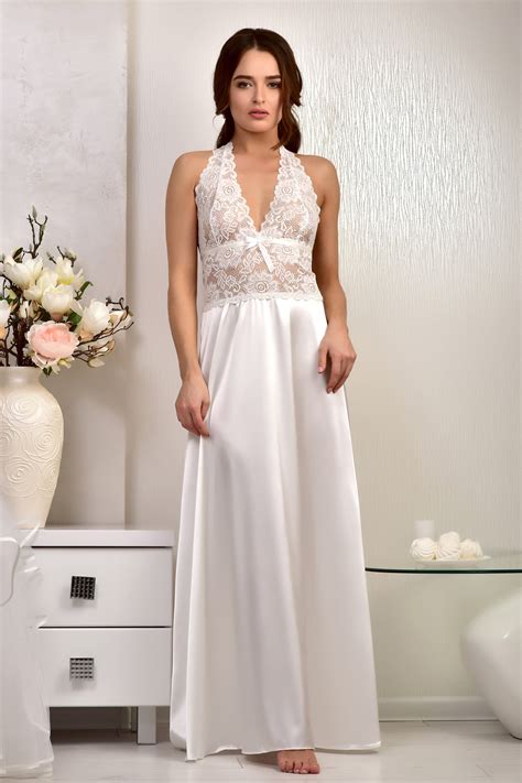 White Honeymoon Lingerie Bridal Satin Lace Nightgown Wedding Etsy Canada