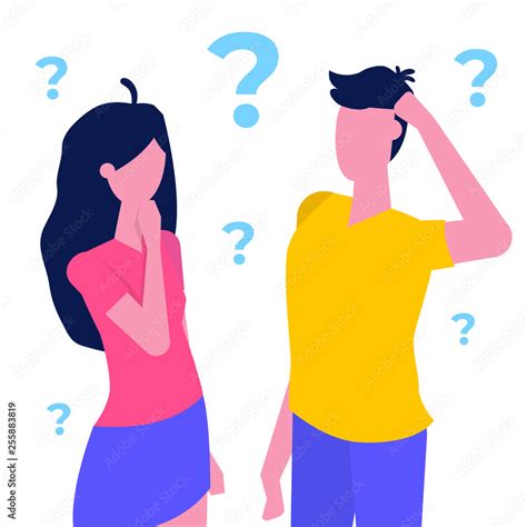 Thinking Couple Woman And Man With Question Marks Thinking Together Vector Illustration Stock