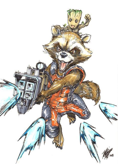 Rocket Raccoon And Baby Groot By Takeshi Miyazaki Guardiões Da