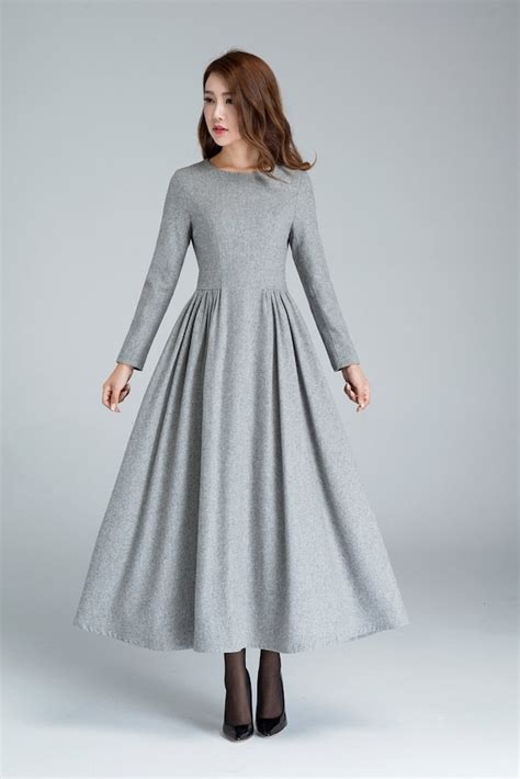 Grey Wool Dress Pleated Dress Long Dress Womens Dresses Etsy