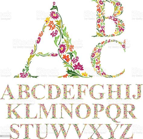 Font Made With Leaves Floral Alphabet Letters Set Vector Stock
