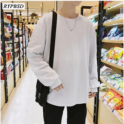 Solid Color Korean Fashion Oversize Men Tshirt O Neck Casual Long Sleeve Loose Streetwear Hip