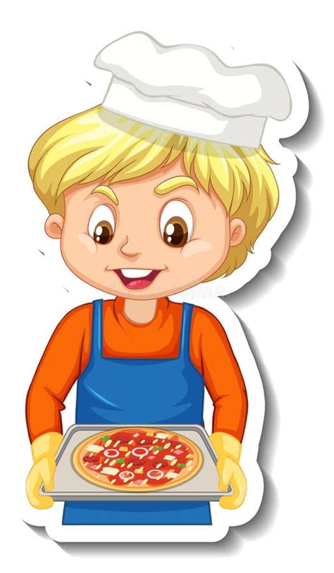 Sticker Design With Chef Boy Holding Pizza Tray Stock Vector