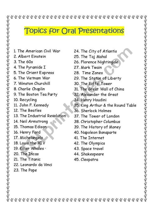 Topics For Oral Presentations ESL Worksheet By Eng Speech Topics Presentation Topics Oral