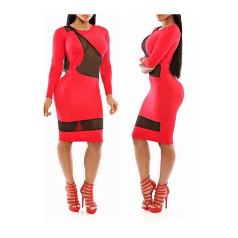 Rotita Red Long Sleeve Mesh Splicing Tight Dress 19 Liked On