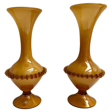 Vintage Paired Vases In Amazing Yellow Ochre Murano Glass Set 2 Italy For Sale At 1stdibs