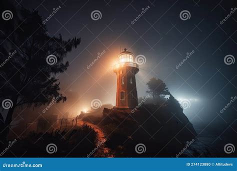 Lighthouse On A Foggy Night With Mist Swirling Around The Tower Stock