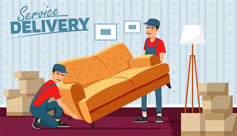 Delivery Men Moving Sofa In Room At New Home Vector Illustration Stock