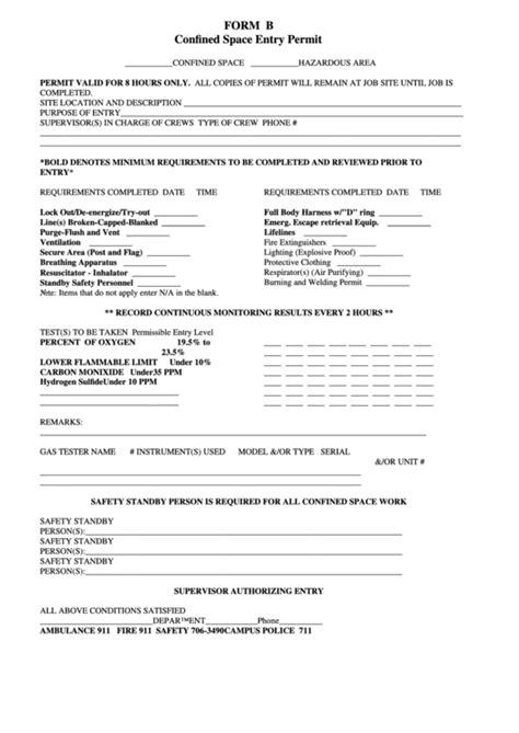 Fillable Form B Confined Space Entry Permit Printable