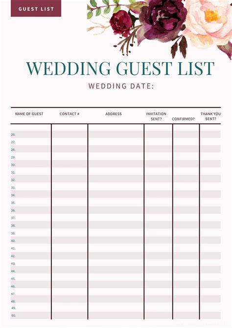 Free Printable Wedding Guest List Pdf