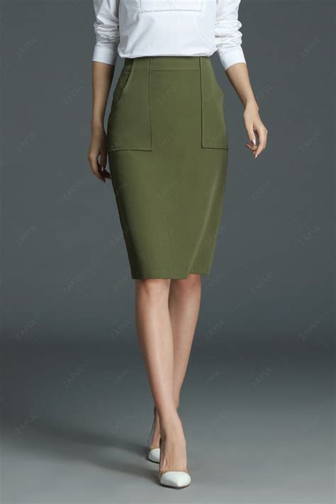 28 Off 2020 Work Knee Length Pencil Skirt In Olive Green Zaful