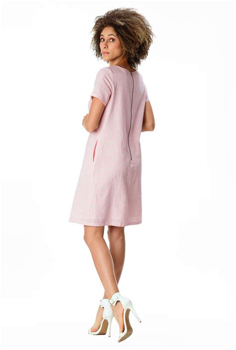 Shop Lace Up Front Cotton Seersucker Stripe Shift Dress Eshakti