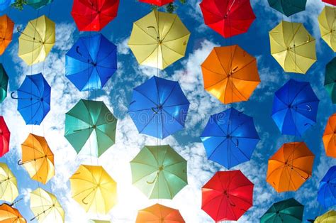 The Sky Of Colorful Umbrellas Street With Umbrellas Editorial Stock