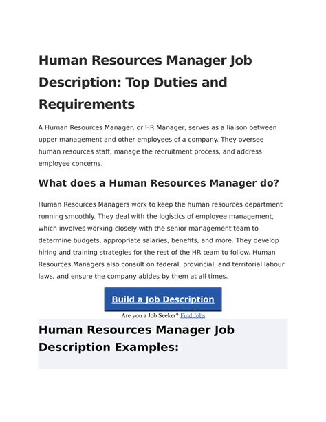 Human Resources Manager Job Description They Oversee Human Resources