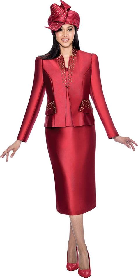 Gmi G6303 Burgundy Star Neck Skirt Suit With Stud Details Women