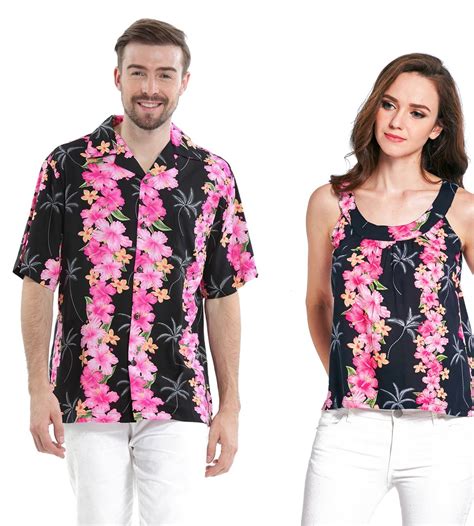Couple Matching Hawaiian Luau Outfit Aloha Shirt And Tank Top In Pink