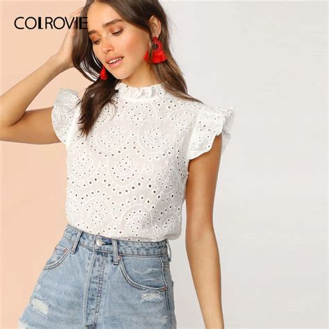 Buy Colrovie White Solid Ruffle Trim Embroidery Eyelet