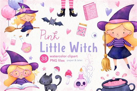 Pink Little Witch Watercolor Halloween Clipart Cute Witch Png By