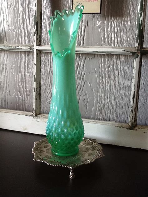 Vintage Fenton Green Opalescent Hobnail Swung Vase Etsy