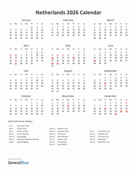 2026 Netherlands Calendar With Holidays