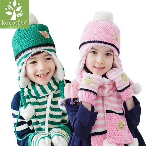 Winter Children Hat Scarf Mittens Set Fashion Stripes Knit Baby Kids