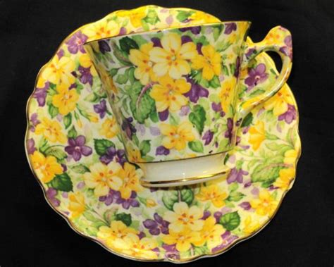 James Kent Old Foley Primula Primrose Chintz Flower Handle Tea Cup And