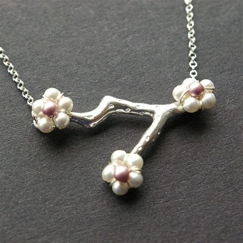 Cherry Blossoms Sterling Silver And Swarovski Pearl Necklace Etsy